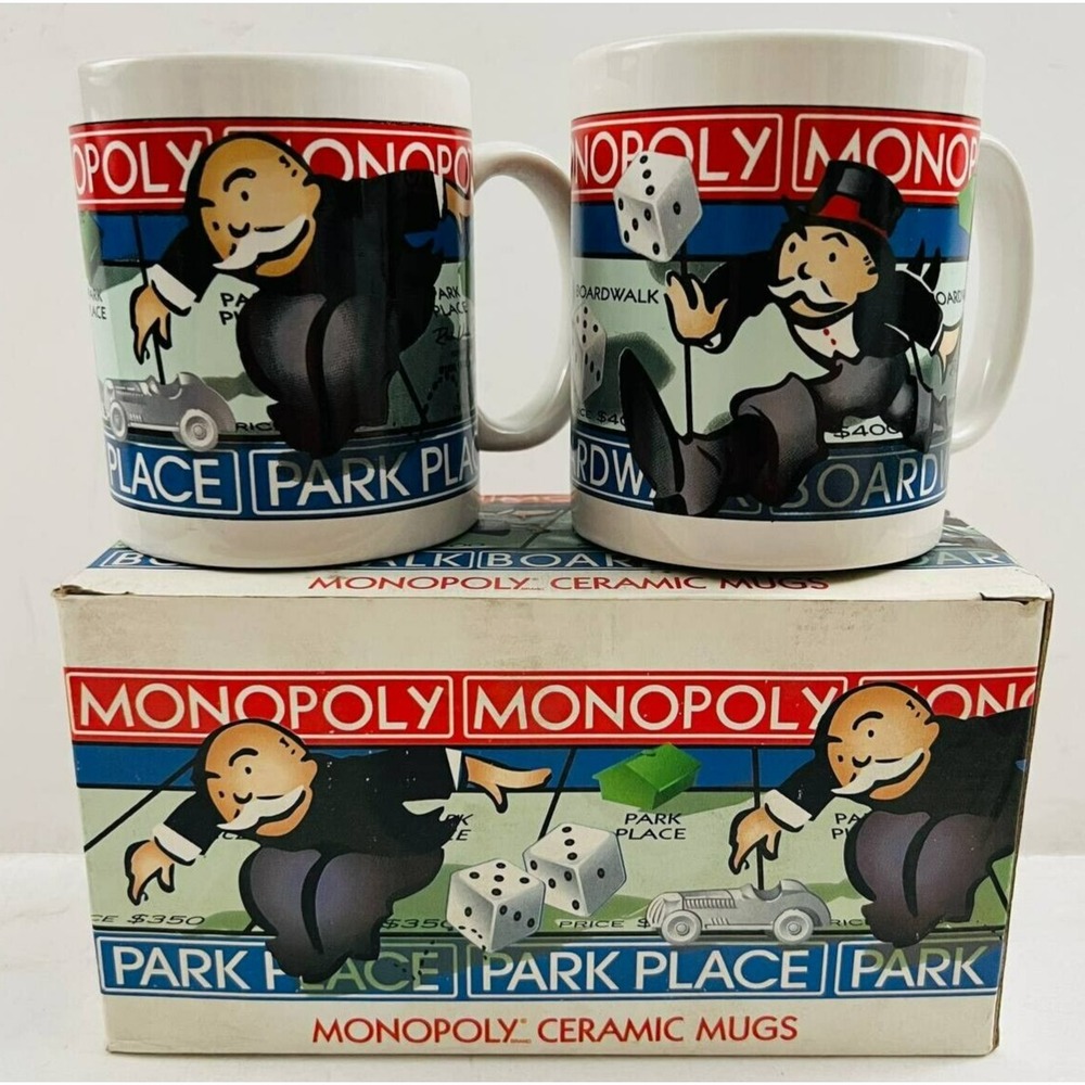 Lot of 2 Vintage Monopoly Ceramic Coffee Mugs 1998 Boardwalk and‎ Park Place New